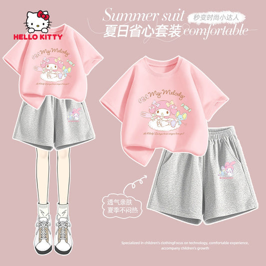 Sanrio Summer Baby Girls 100% Cotton Clothes Set Kid Children Cute Hello Kitty Printed Short Sleeve T-shirts Top And Shorts Suit