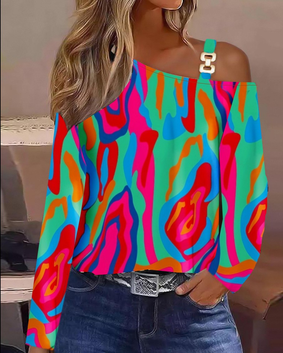 Elegant Women Sexy Loose Blouse 2025 Spring Winter One Shoulder Hollow Out Chain Hanging Neck Printed Button Fashion Female Tops