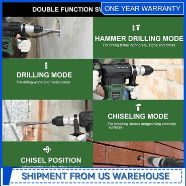 Martelete Rotativo SDS-Plus de 1-1/4" com Motor Potente de 13 Amperes e 4 Funções, com Maleta, da Prostormer