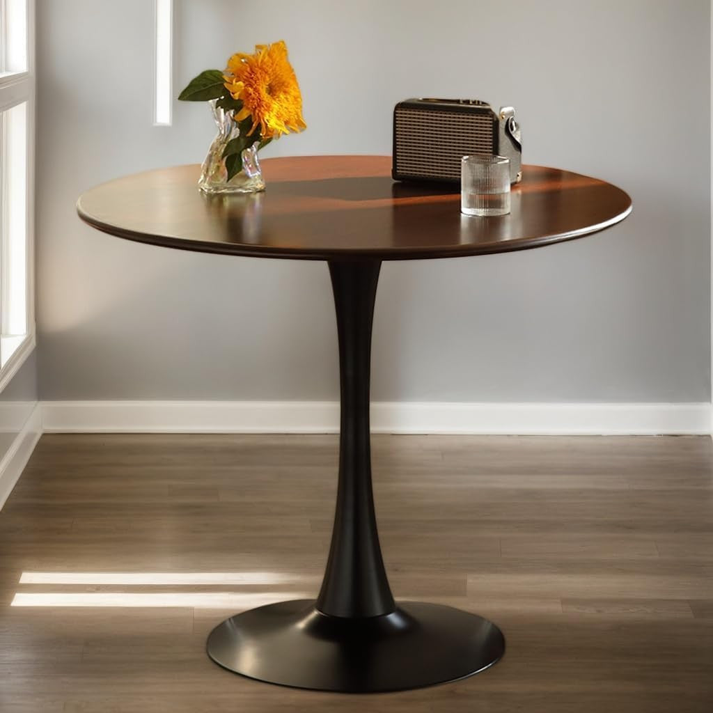 23.6-Inch Walnut Round Tulip Table With Steel Pedestal Base For 2-4 People Modern Minimalist Small Round Dining Kitchen Table