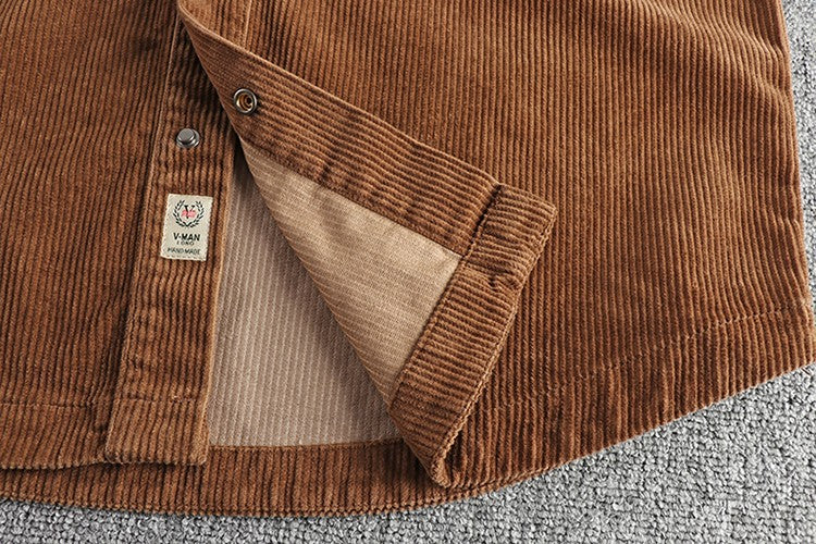Autumn and winter thick wash corduroy long sleeve shirt men's retro trend cargo big pocket solid color casual coat