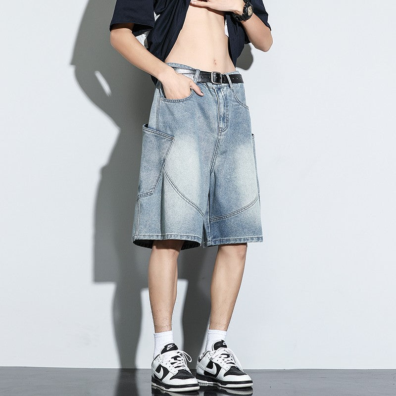 Summer New Baggy Denim Shorts Fashion Casual Straight Harajuku Jeans Male Vintage Wash Drawstring Short Pants Streetwear