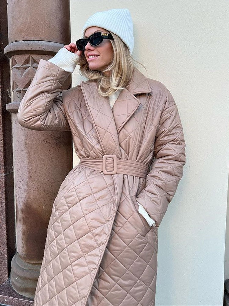 Cryptographic Fall Winter Long Sleeve Parkas Quilted Coats and Jackets for Women Warm Belt Trench Coat Warm Down Jackets Clothes