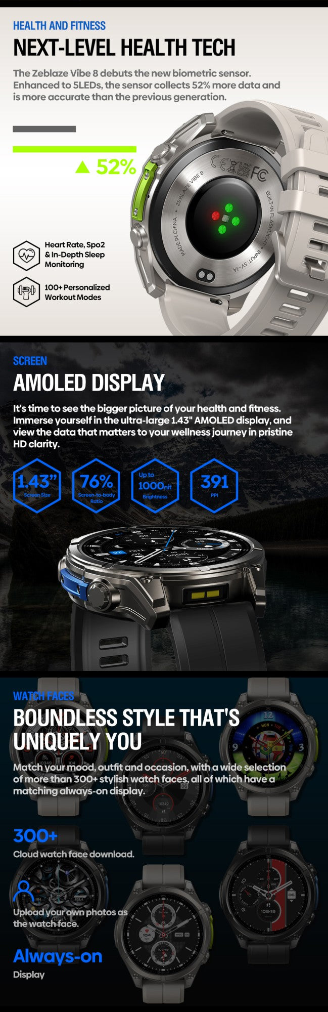 NOVO Smartwatch Zeblaze VIBE 8 com Chamada de Voz, Tela AMOLED de 1,43", Lanterna Embutida, Frequência Cardíaca e Pressão Arterial 2025