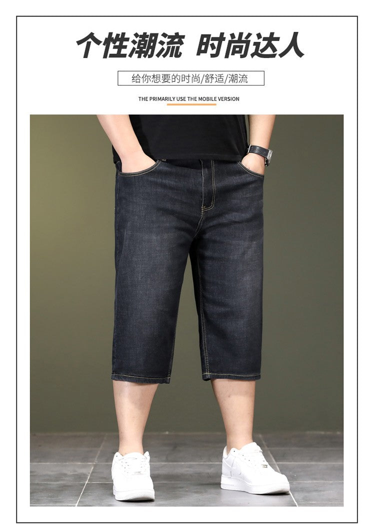 New Big Size Long Length Men's Shorts Loose Stretch Jean Bermuda Male Thin 3/4 Capris Summer Light Large Plus Fat Denim Breeches