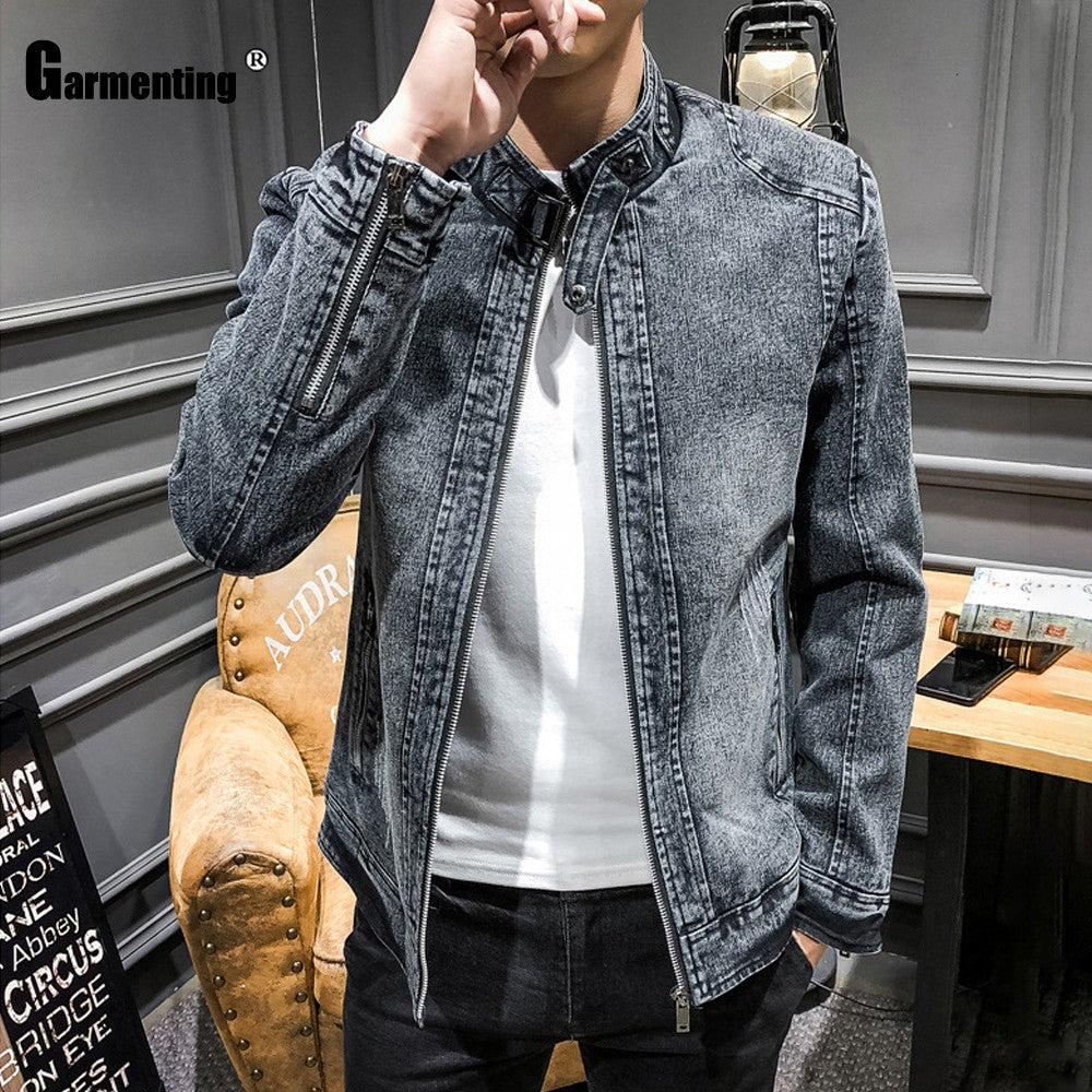 Garmenting Men Demin Jackets Trendy 2021 Autumn Winter Mandarin Collar Outerwear Zipper Up Demin Jacket Slim Fitted Male Clothes