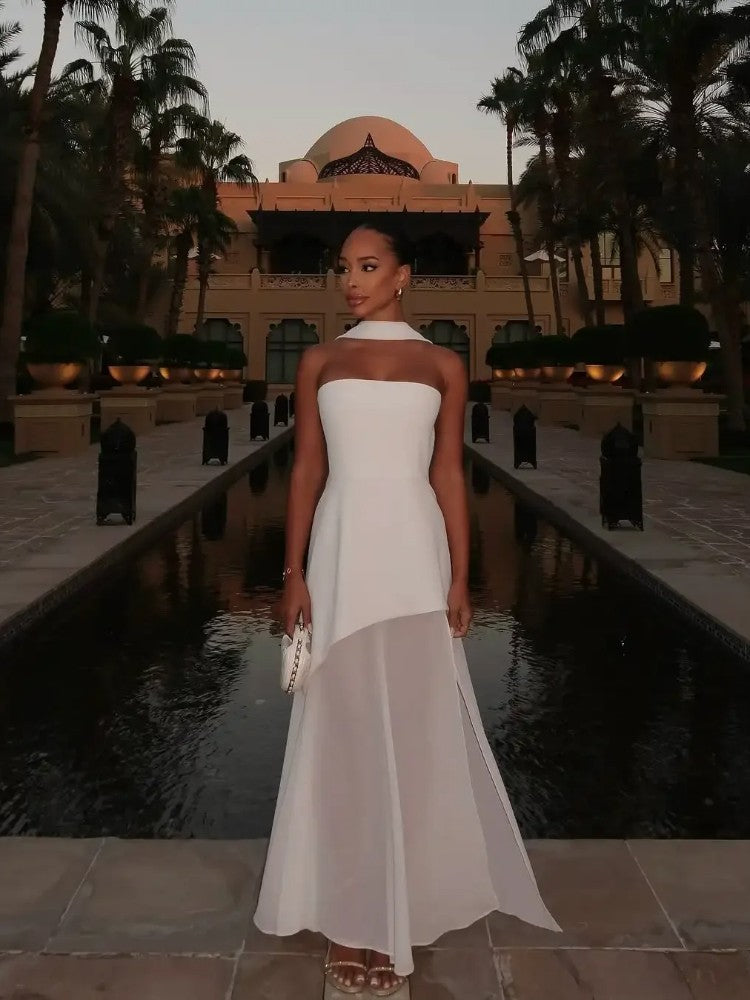 Fashion Strapless Ribbon Mesh Patchwork Maxi Dress Elegant Sleeveless Backless V