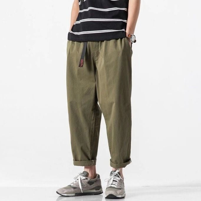 100% Cotton Casual Summer Pants With Belt Men Straight Baggy Ankle-Length Cargo Trousers Wide Leg Sweatpants Male Streetwear