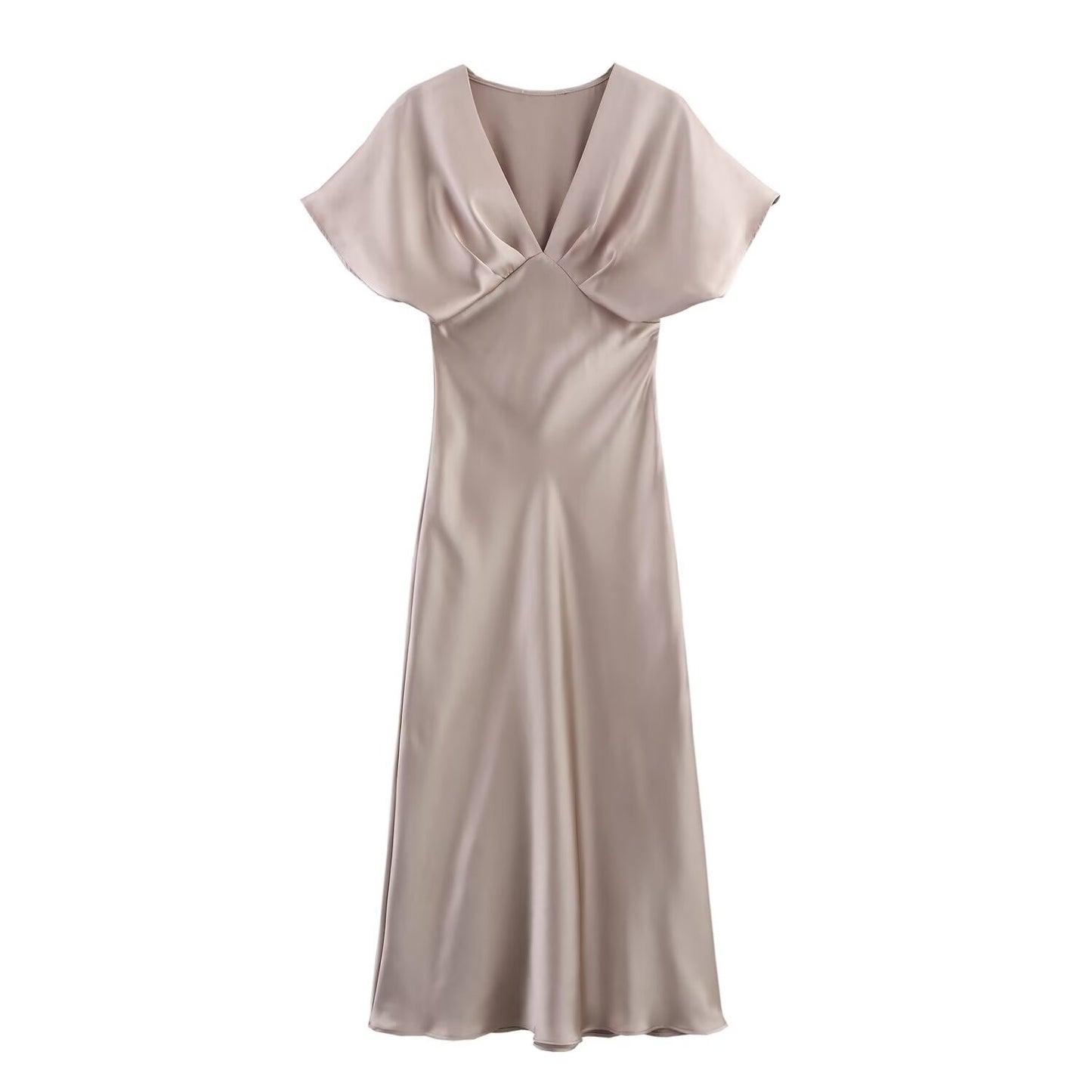TRAFZA Women Elegant Solid Satin Dress Sexy V Neck Short Sleeve Midi Dress 2025