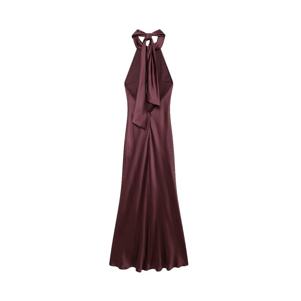 TRZA-Women's Long Satin Halter Dress, Backless, Bow Tied, Back Zipper, Female Dr