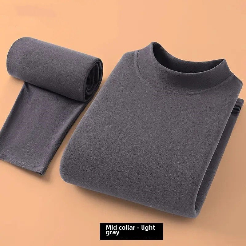 Winter Top and Pants Set Home Wear Warmth Solid Casual Men's Deerskin Thermal Suit High Collar Underwear Heat Velvet Tshirt Set