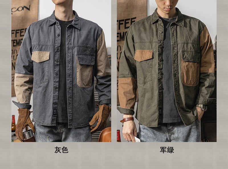 Spring and autumn new American vintage khaki loose long-sleeved shirt Japanese casual cargo shirt men's patchwork trend top