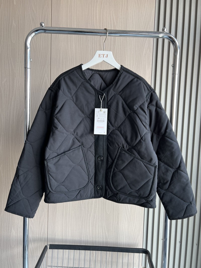 ETJ 2025 TRAF Spring new women's vintage crewneck quilted cotton-padded loose version of quilted casual jacket