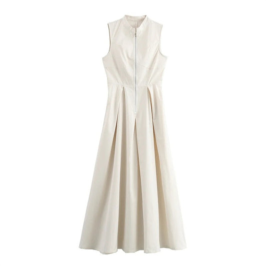 MUJER Zipper Long Dress Woman Pleated Sleeveless Bodycon Dress Summer Elegant Pa