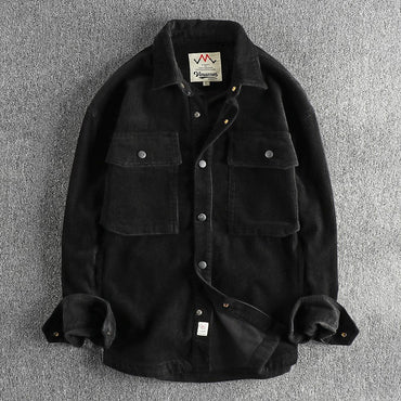 Autumn and winter thick wash corduroy long sleeve shirt men's retro trend cargo big pocket solid color casual coat