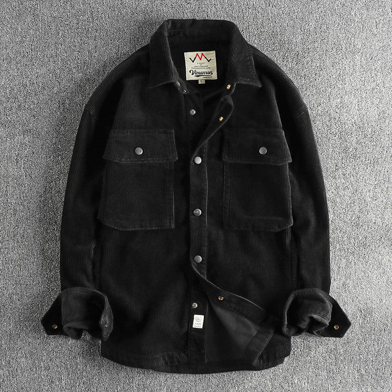 Autumn and winter thick wash corduroy long sleeve shirt men's retro trend cargo big pocket solid color casual coat