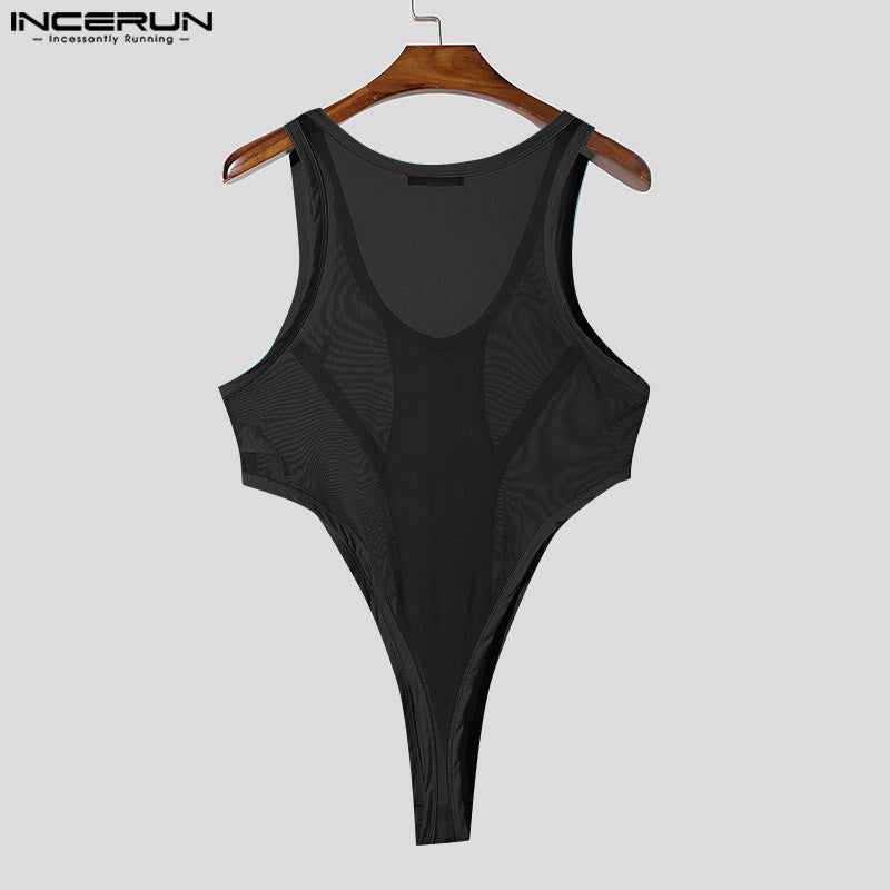 INCERUN American Style Bodysuits Fashion Mens Mesh Splicing Side High Slit Triangle Jumpsuits Sexy Homewear Sleeveless Jumpsuits