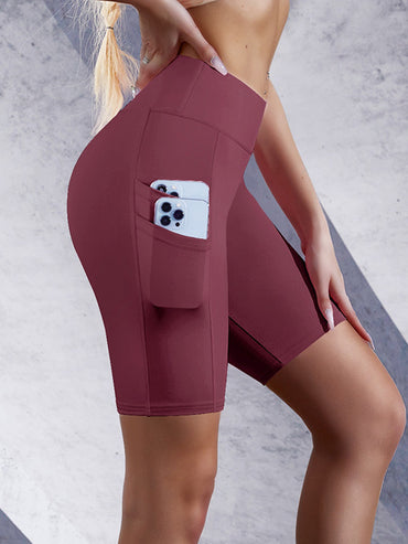 Side Pockets Solid Color Women Yoga Shorts Jogging Running Fitness Sportswear High-waist Sporty Shorts Skinny Shorts