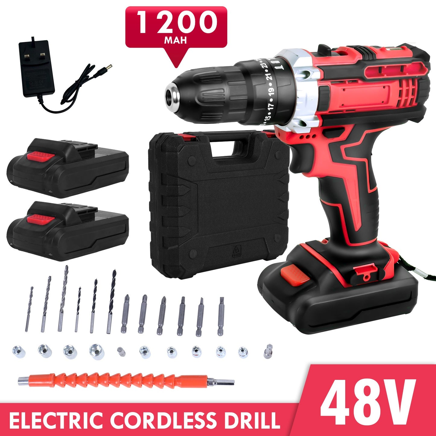 Parafusadeira Elétrica 48V Furadeira Sem Fio Kit de Ferramentas com Bateria de Lítio 1200mAh Carregador 450w Sem Escova 25+1 Torque