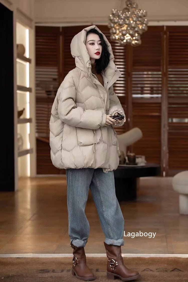Lagabogy 2025 Women Autumn Winter Vintage Style Loose Casual Mid-Long Hooded Warm Puffer Coat Female 90% White Duck Down Jacket