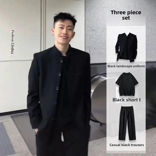 New Black Zhongshan Suit Jacket for Young Men Chinese Style Outerwear Popular Internet Celebrity Zhao Shanghe Topwear