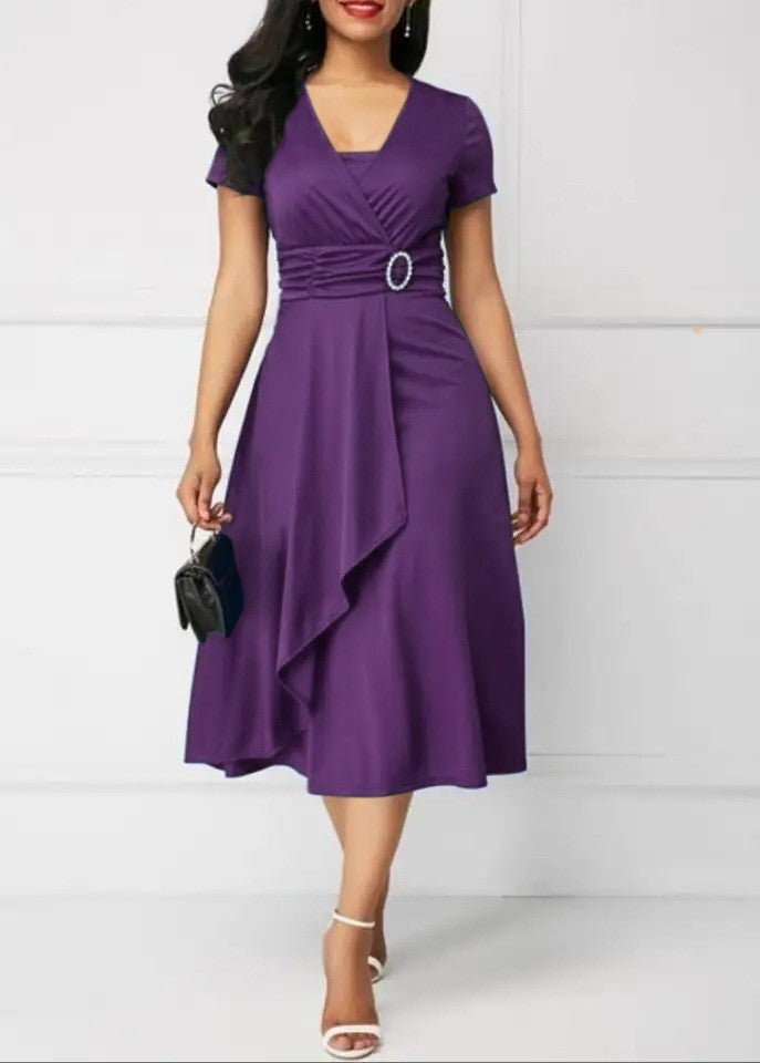 Summer Dresses Elegant Women Solid Color Short Sleeve V Neck Asymmetric Hem Wais