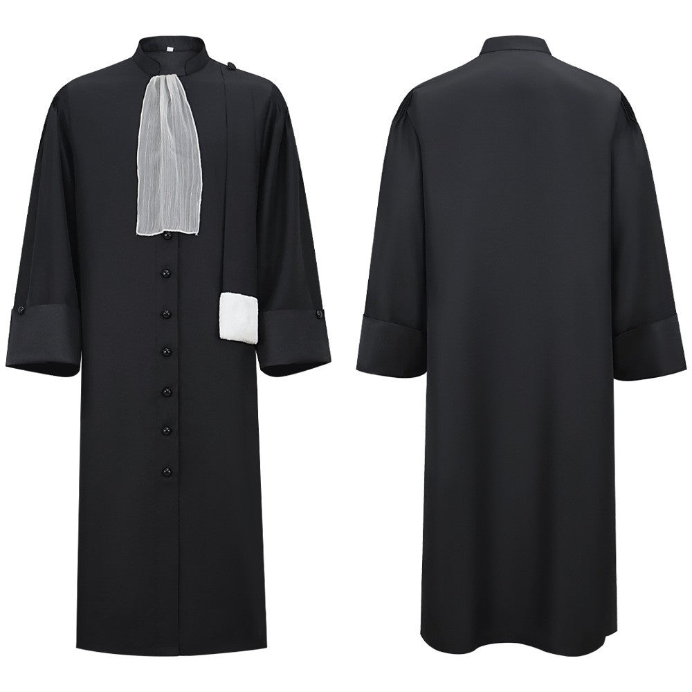 Barrister Robe Medieval Lawyer Costume with Pleated Jabot Collar Clergy Choir Robe Vintage Priest Cosplay Outfit