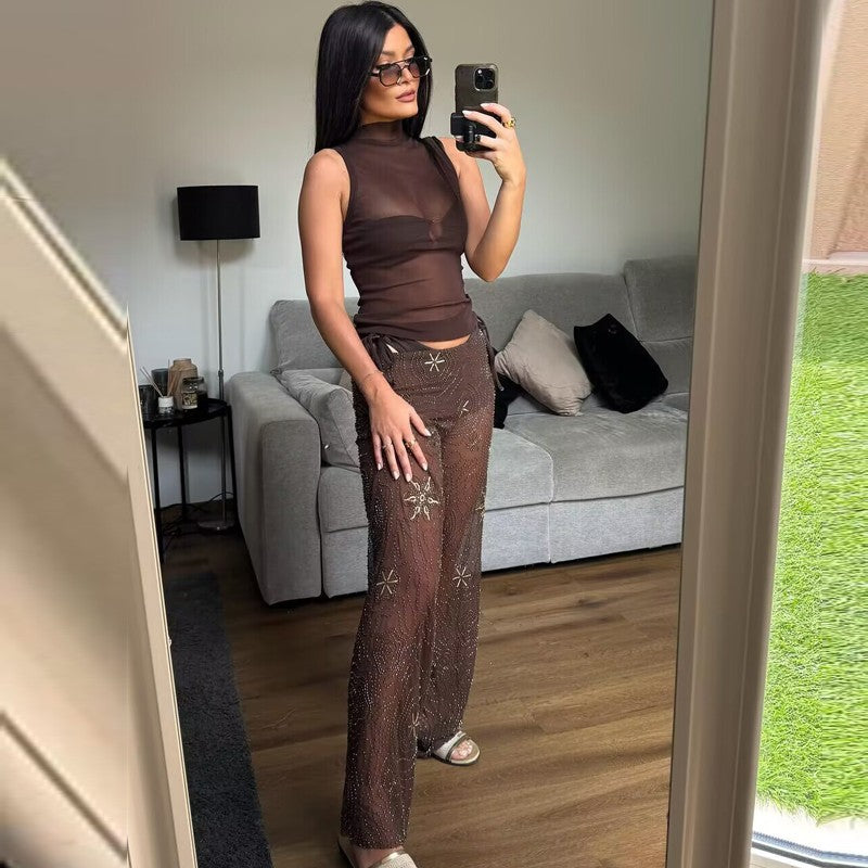 HXAO Women's Pants 2025 Beaded Tulle Pants For Woman Baggy Sequin New In Pants Spring Summer Semi Sheer Women's Trousers 088