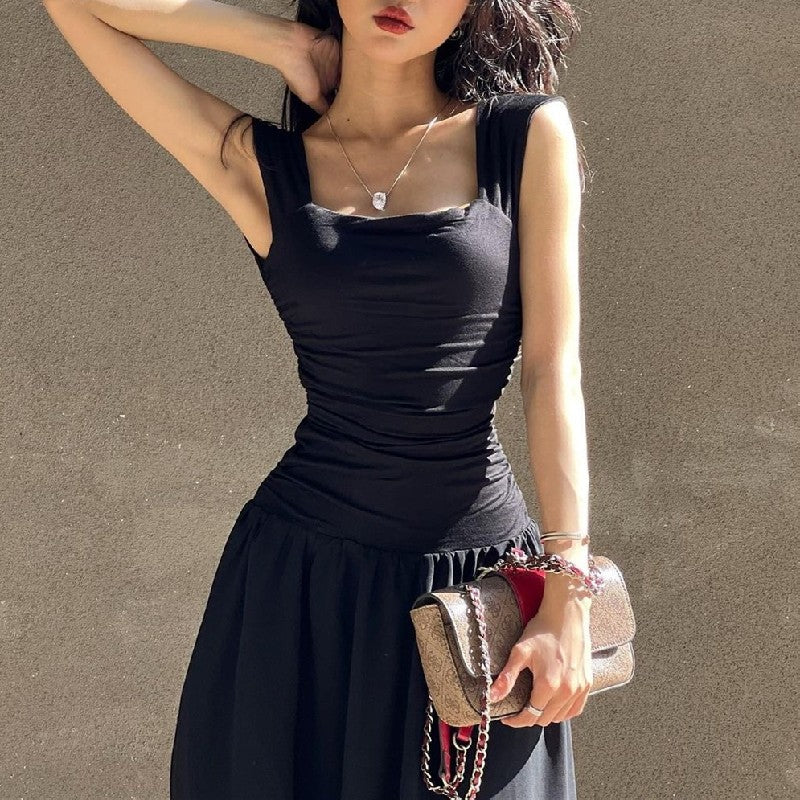WhereMery Elegant Slip Long Dresses Sexy Women Ruched Bodycon Solid Maxi Dress S