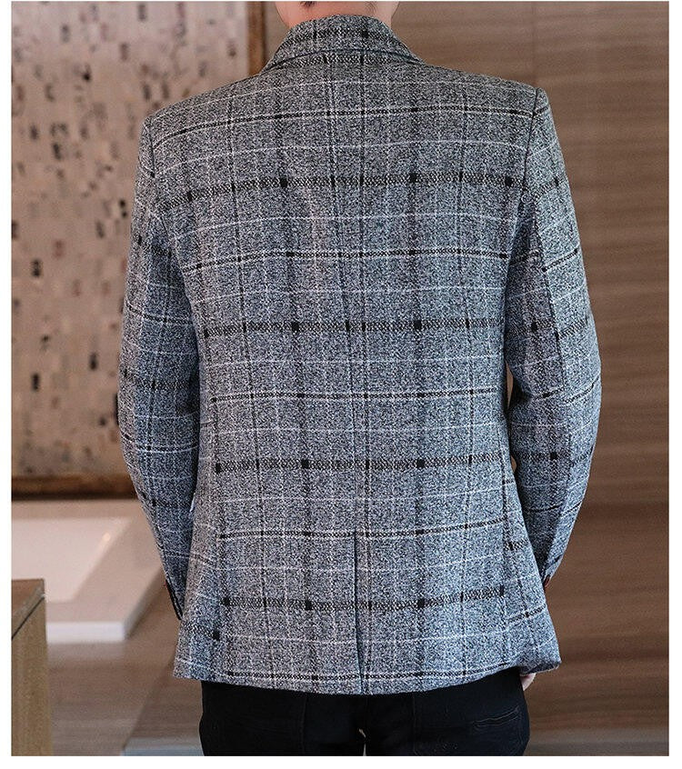 Men's casual plaid suit jacket, fashionable and versatile slim-fitting top, stylish plaid suit