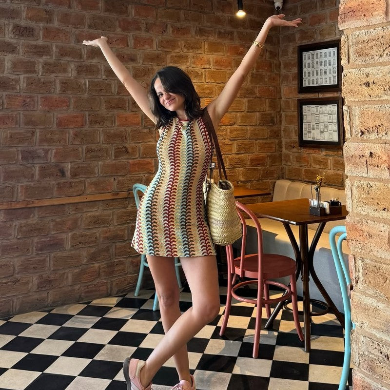 Irregular Printed Knitted Mini Dress For Women Chic Backless Slanted Shoulder Sl
