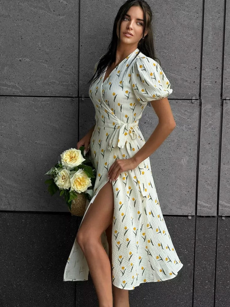 Summer Women's Light Long Dress 100% Cotton A-line Midi Dresses Muslin with Side