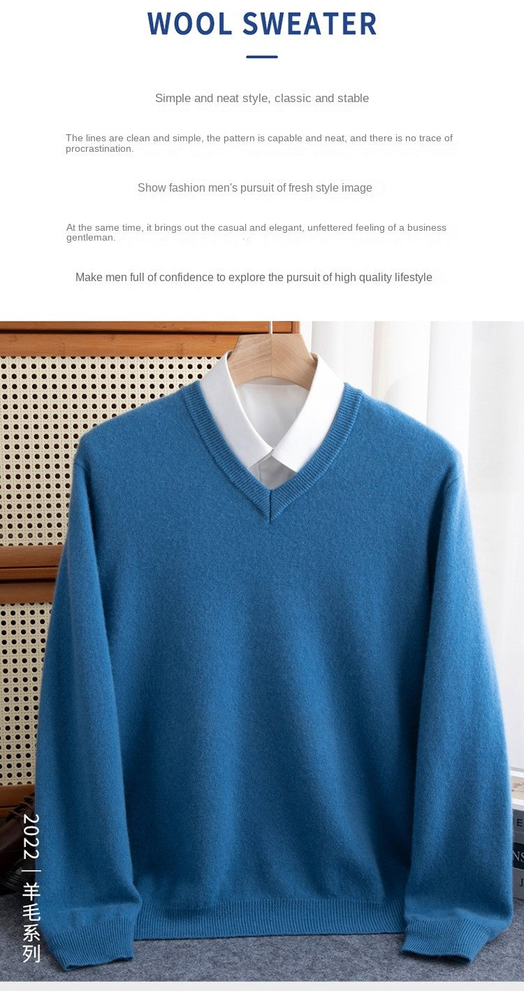 2025 Men's 100% Merino Wool Cashmere V-neck Sweater Pullover Smart Casual Basic Long Sleeve Knitwear Clothes Tops Autumn Winter