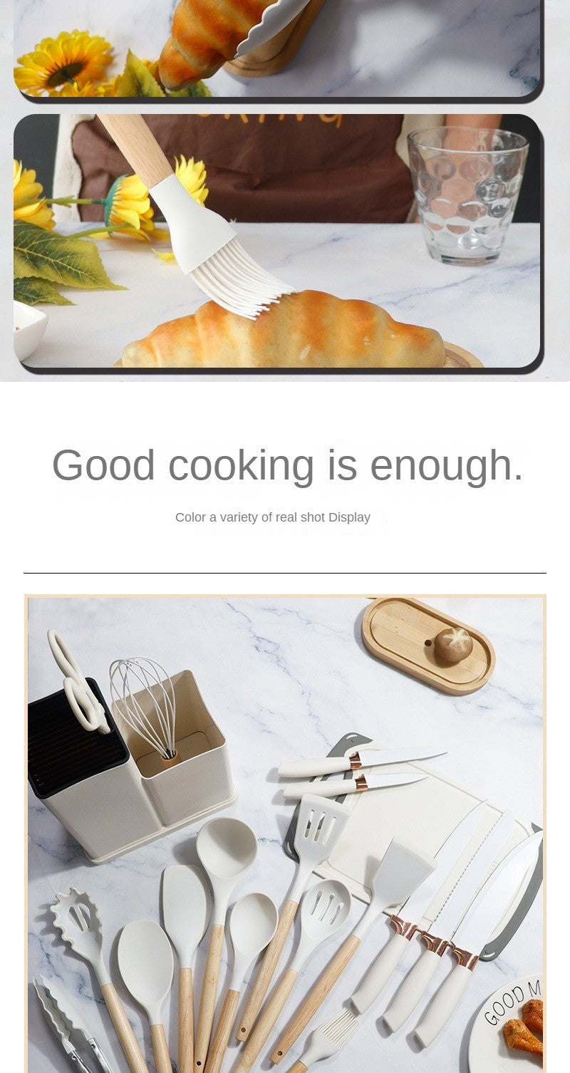 Conjunto de utensílios de cozinha de silicone, 19 peças com cabo de madeira, espátula, panela antiaderente e balde de armazenamento de facas multiuso integrado