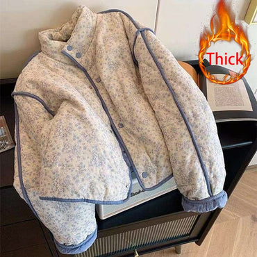 Short Floral Parkas Women Vintage Corduroy Puffer Jacket Harajuku Korean Fleece Down Coats Winter Warm Cotton Padded Outerwears