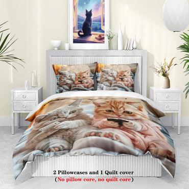 3PC Cute Cat Printed Bedding Set for Four Seasons,coreless, Comfortable, Bedroom Dormitory, Multiple Sizes, Machine Washable