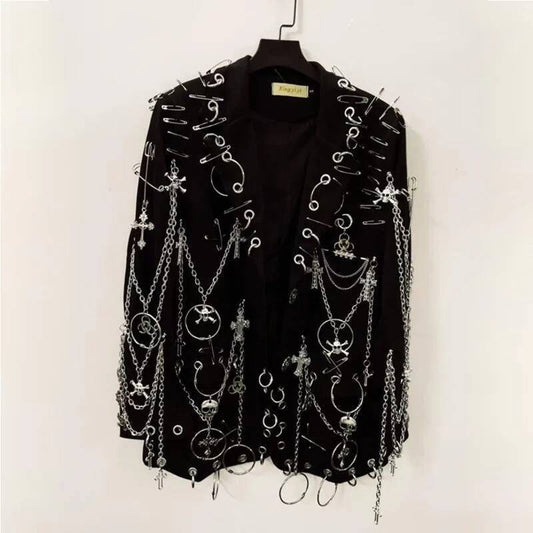WVGA Spring Autumn New Men Y2K Dark Techwear Gothic Chain Design Blazer Punk Rock Heavy Beaded Niche Chic Casual Suit-Coat W8497