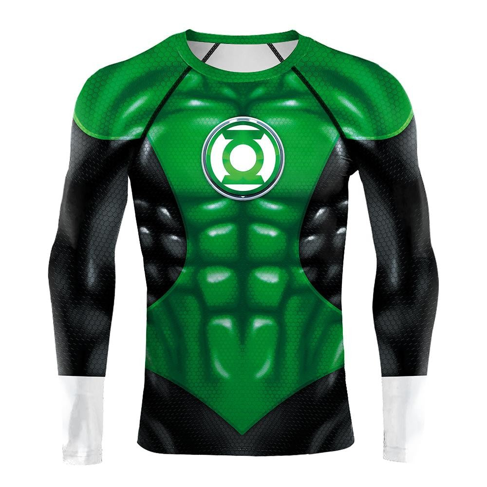 Superheroes Cosplay Costume Men Green Compression Shirts Lantern Printing Long Sleeves Tops Gym Sports Shirt Male Clothes