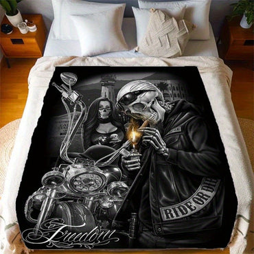 Motorcycle Skull Flannel Blanket – Soft Warm Throw – Vintage Biker Design – Perfect for All-Season Decor