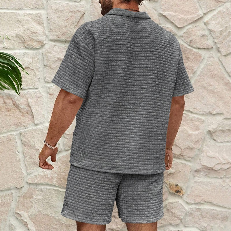 2024European and American Men's Spring and Summer Trends Youth Outdoor Lapel Small Plaid Short Sleeve Shorts Sports Suit