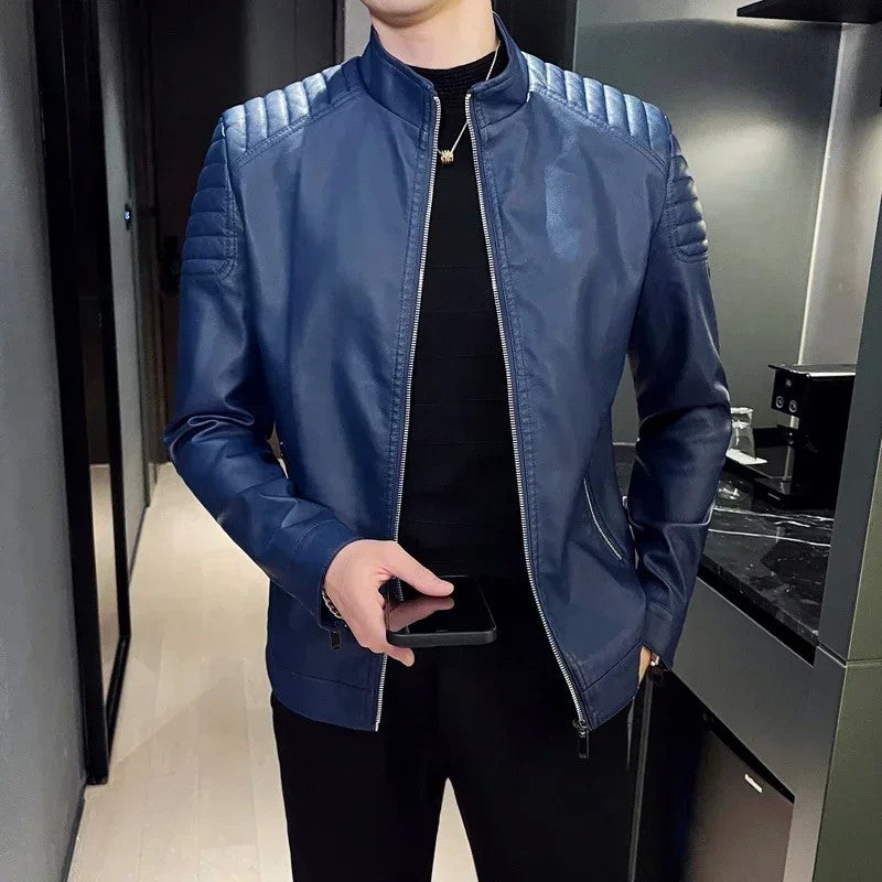 Men standing collar Jacke, leather motorcycle jacket men,bomber leather coat?fashion trend personalized leather winter clothing