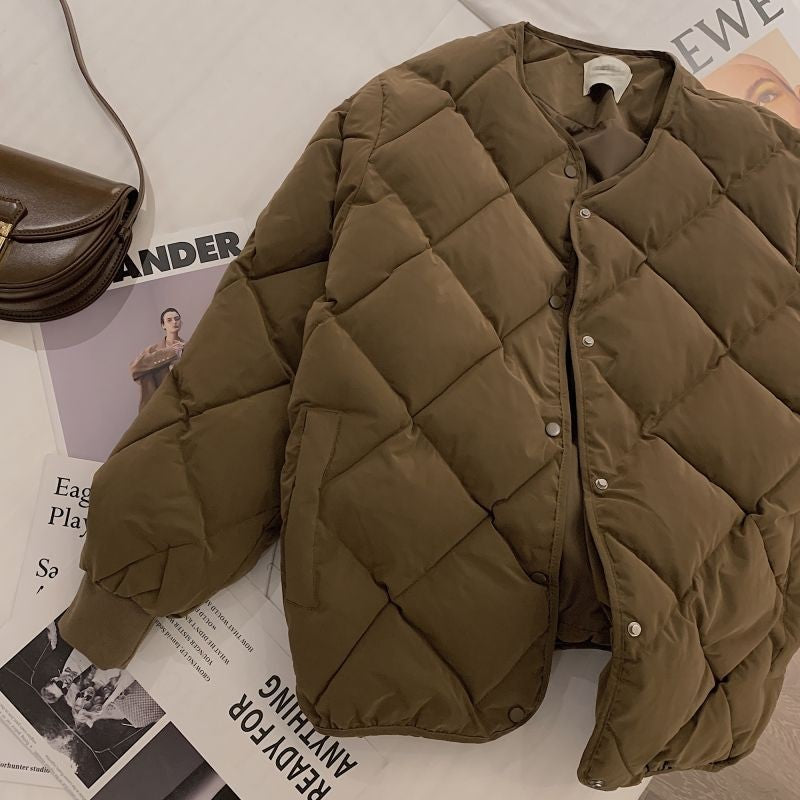 Creamy White Round Neck Cotton-padded Coat Women's Winter Loose-fit Thickened Cropped Puffer Jacket For Petite Women
