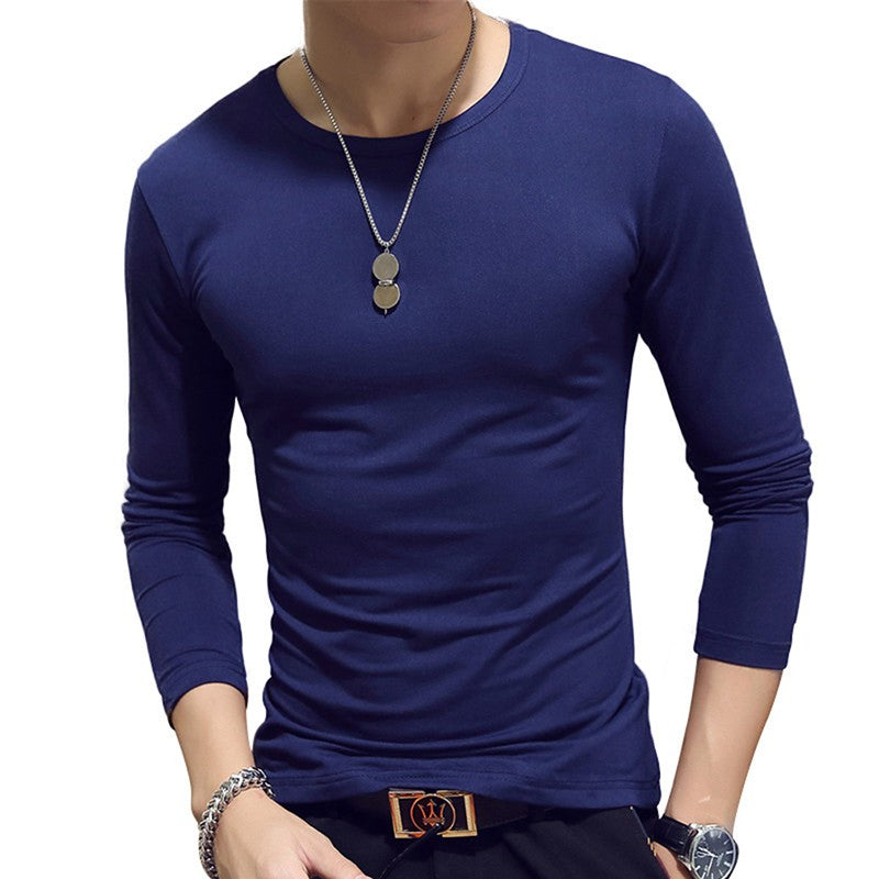 White Solid Color Basic Slim Men T-shirt Spring Autumn Bottoming Shirt Men Round Neck V-neck Casual Tops Long-sleeve Shirts