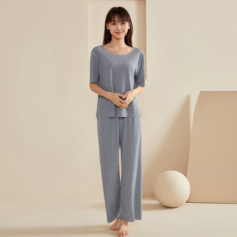 Super Thin Pajamas Suit Women Men Summer Ice Silk Cool Short-sleeved O-Neck Sleepwear Male Female Classic Simple Loungewear Suit