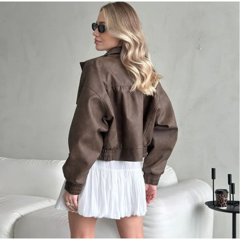 Full Sleeve Cropped Women Casual Slim Thin Motorcycle Coat Chic Zipper Lapel Wine Red Leather Jacket Lady New Highstreet Outwear