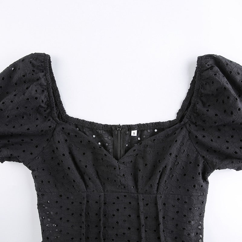 V Neck Ruffles Pleated Dress Women Puff Sleeve Chic Black Summer Dress 2025 Part