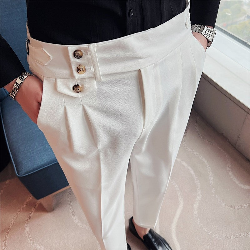 British Style Spring New Solid Business Casual Suit Pants High Waist Button Men Formal Pants High Quality Slim Office Trousers