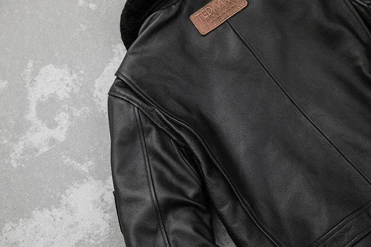 Detachable Natural Fur Collar Genuine Cowhide Men Leather Jacket Patches Flight Air Force Pilot Coat Winter Bomber