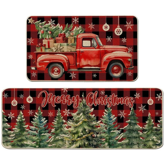 VIKAMA 1/2pcs Christmas Kitchen Rugs Truck Christmas Tree Bedroom Hallway Rugs Entry Welcome Doormat Home Decoration