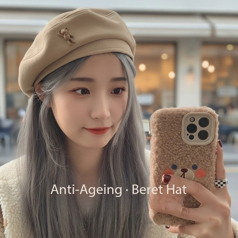 Female Autumn and Winter Temperament Retro Cartoon Teddy Bear Big Head Circumference Showing Face Small Fashion Woolen Beret